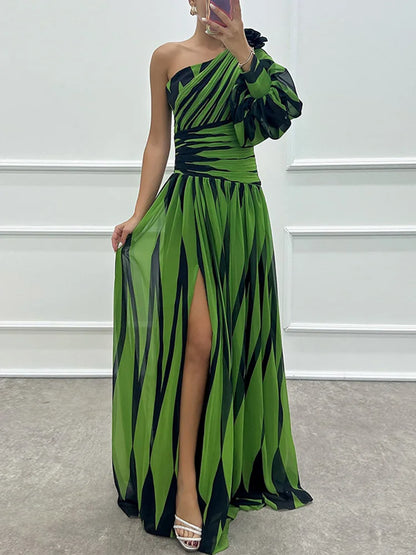 Spring Summer One Off Shoulder Fashion Party Dress, Women Printing Skew Collar Slim Maxi Dress, Long Sleeve Elegant Ladies Dress