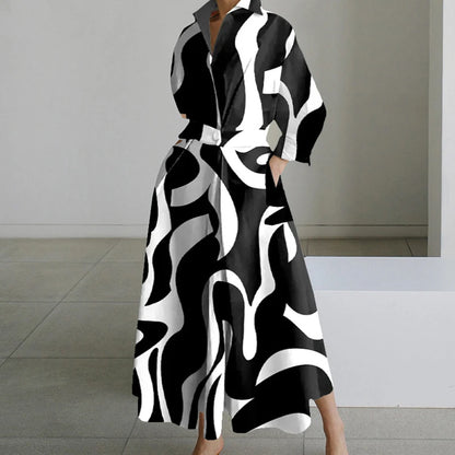 Fashion Dress Women Spring New Long Sleeve Turn-down Collar High Waist Print Button Elegant Big Hem Loose Commute Female Dress