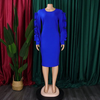 Elegant Office Dresses for Woman 2024 New O Neck Petal Sleeve Sheath Package Hips Mid Calf Formal Business Work Wear Dress Midi