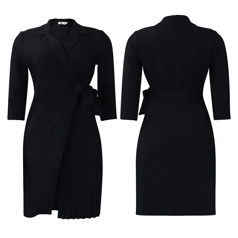 FairyShely 2025 Summer Solid Plus Size Folds Dress Women Long Sleeve Large Big Dresses Lady Belt Party Tight Curvy Short Dress