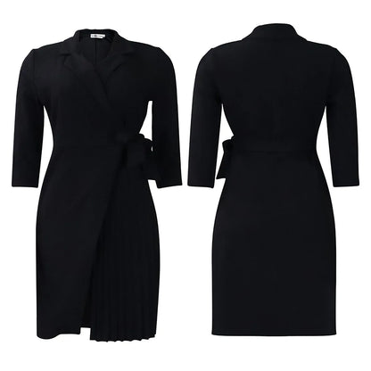 FairyShely 2025 Summer Solid Plus Size Folds Dress Women Long Sleeve Large Big Dresses Lady Belt Party Tight Curvy Short Dress