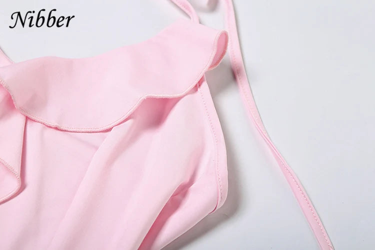 Nibber Halter Ruffles V-Neck Dress Women Backless Elegant Sexy Summer Fashion V-Neck Solid Birthday Party Clubwear Mini Bodycon