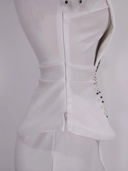 CM.YAYA Vintage Women  Beading Mesh Patchwork Ruffles Fan-shaped Blazer Tops and Pants Suit Two 2 Piece Set Outfits Tracksuit