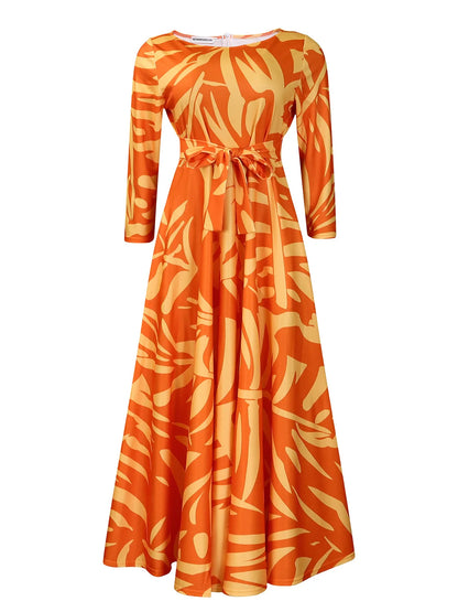 Women's 2024 Autumn New Style Fashionable Elegant Temperament Fashionable Printed Strap Waist Large Skirt Large Size Dress