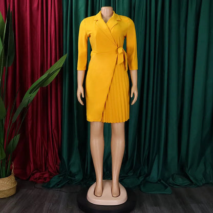 FairyShely 2025 Summer Solid Plus Size Folds Dress Women Long Sleeve Large Big Dresses Lady Belt Party Tight Curvy Short Dress
