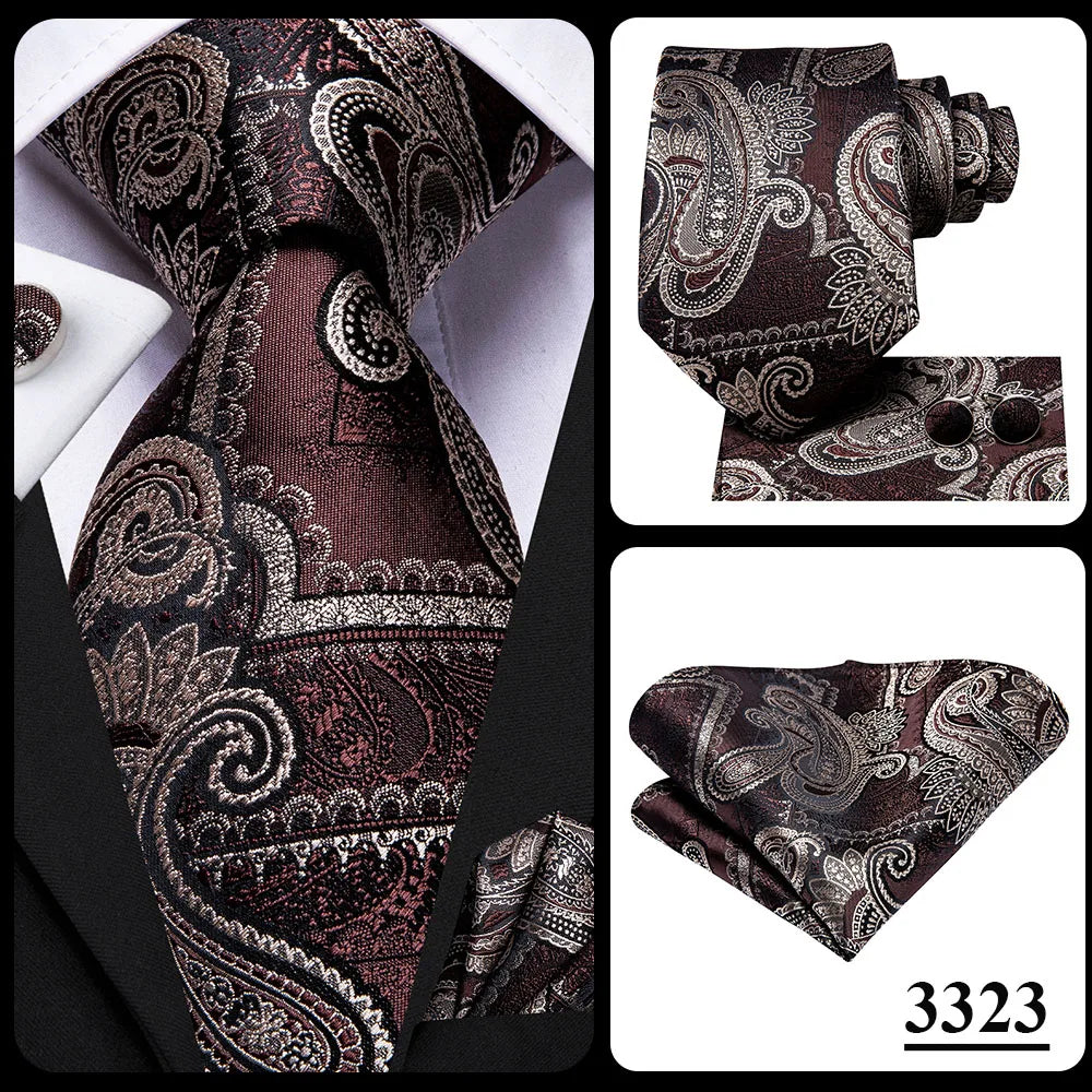 Hi-Tie Paisley Brown Tie For Men Elegant Mens Necktie Pocket Square Cufflink Groom Wedding Accessory Wholesale New Designer