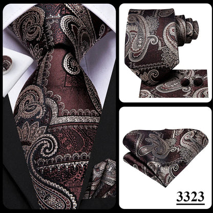 Hi-Tie Paisley Brown Tie For Men Elegant Mens Necktie Pocket Square Cufflink Groom Wedding Accessory Wholesale New Designer