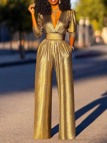 Bonboho Women's Solid Color Jumpsuit Deep V-neck Three-Quarter Sleeves High Waist Wide Leg Oe-piece Suit Summer Casual Jumpsuits