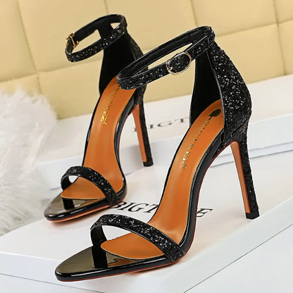 Women Summer Platform Sandals 10cm High Heels Silver Bling Sequins Ankle Strappy Sandles Lady Wedding Event Party Sparkly Shoes