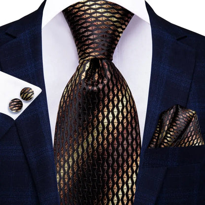 Hi-Tie Paisley Brown Tie For Men Elegant Mens Necktie Pocket Square Cufflink Groom Wedding Accessory Wholesale New Designer