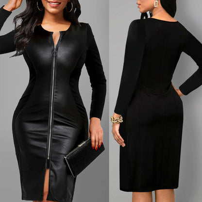 Plus Size Elegant Zipper PU Leather V-Neck Midi Long Sleeve Bodycon Dress Women's plus Size Dress Fashionable Cross-Border Gown