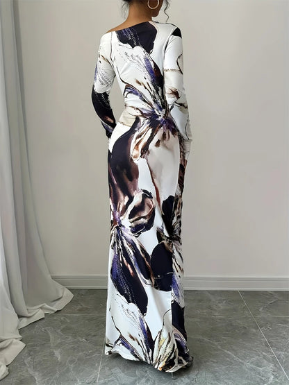 Spring and summer new women's off shoulder slim fit sexy dress, stylish and elegant printed tight fitting long skirt