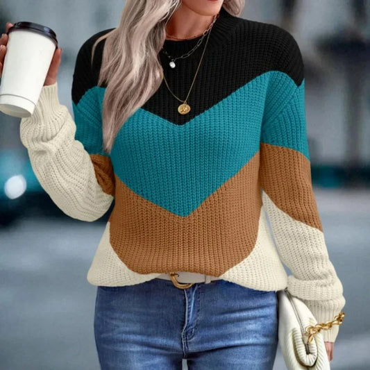Knit Sweaters Women Jumpers Striped Print Round Neck Streetwear Pullover Top Casual Long Sleeve Warm Sweater Autumn Winter