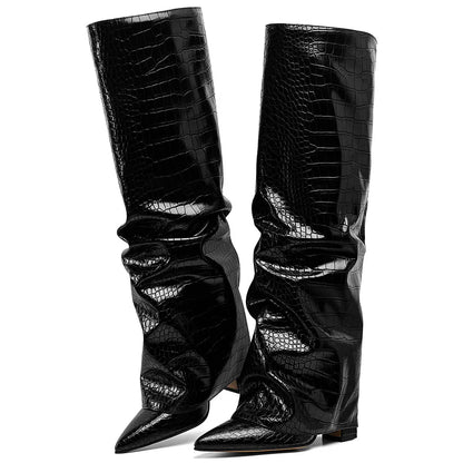 GIGIFOX Knee High Fashion Women Fold Over Boots Pleated Block High Heel Pointed Toe Shoes All-Match Street Snap Boots For Woman