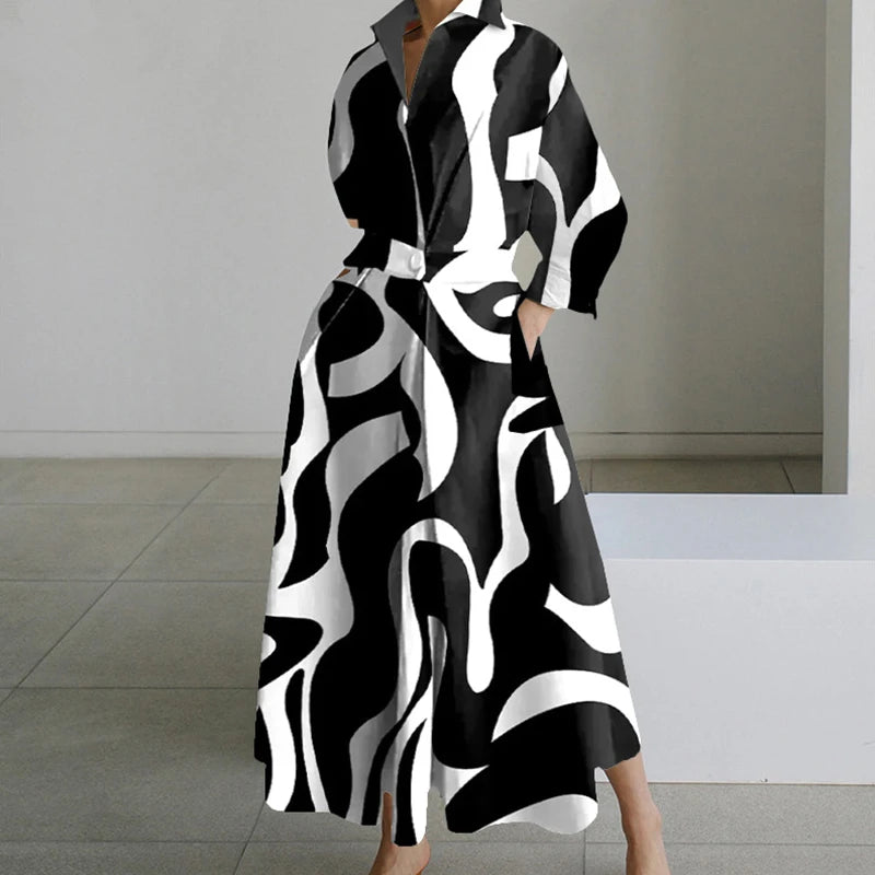 Fashion Dress Women Spring New Long Sleeve Turn-down Collar High Waist Print Button Elegant Big Hem Loose Commute Female Dress