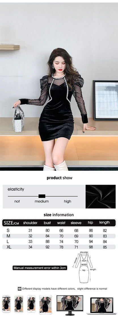 Spring Women Mini Dress French Court Retro Black Mesh Patcchwork Appliques Flower Puff Long Sleeve Bag Hip Vestidos Para Mujer
