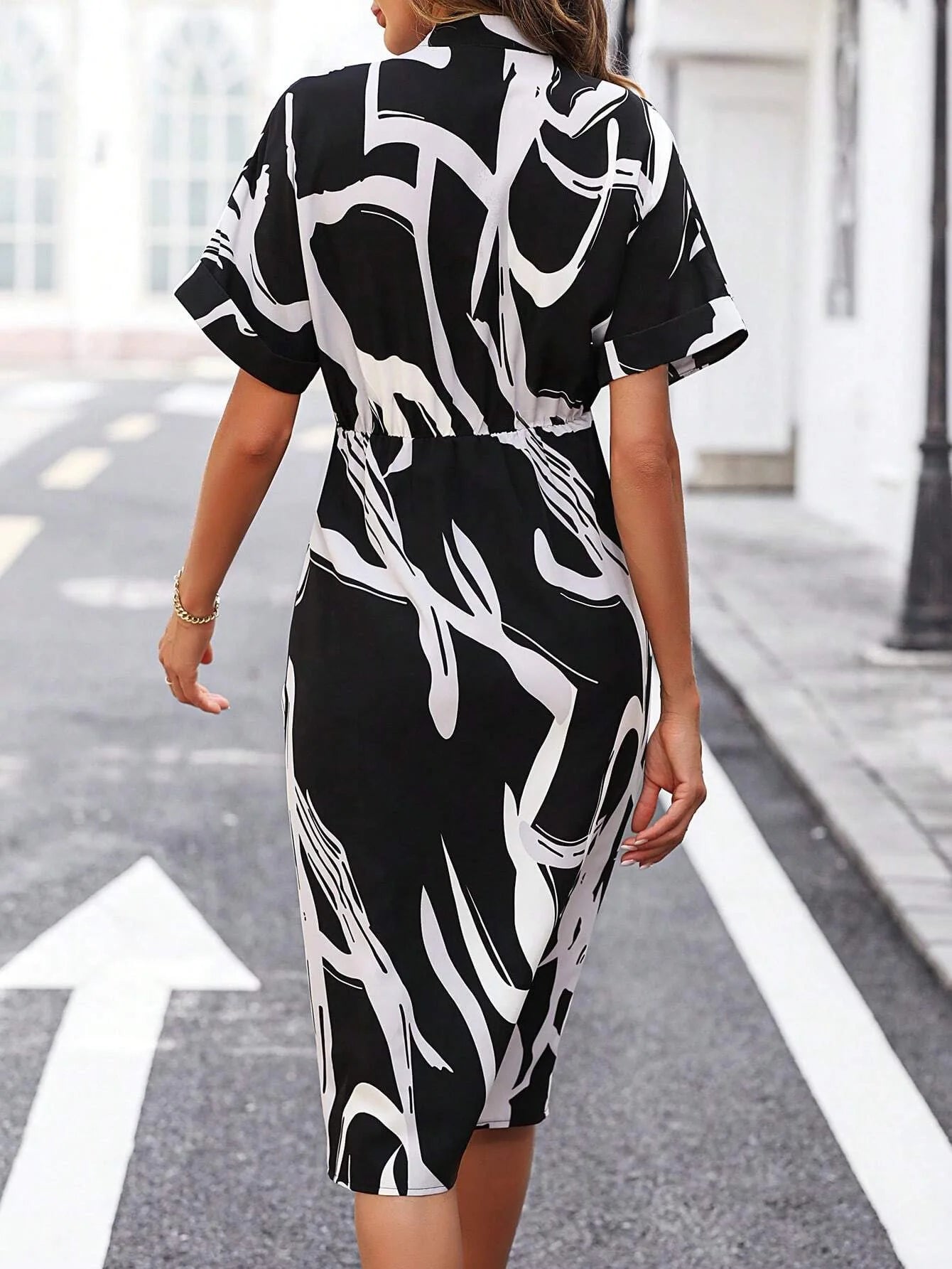 Summer Fashion Patterns Printed Short Sleeve Midi Dress Elegant Women's V Neck High Waist Slim Fit Irregulare Split Dresses Robe