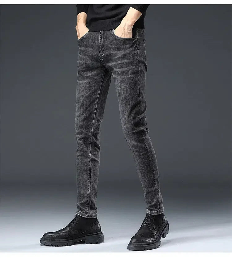 New Trendy Black Grey Jeans For Men Elastic Slim Fit Smooths Your Silhouette Casual Style Korean Version Versatile Long Pants