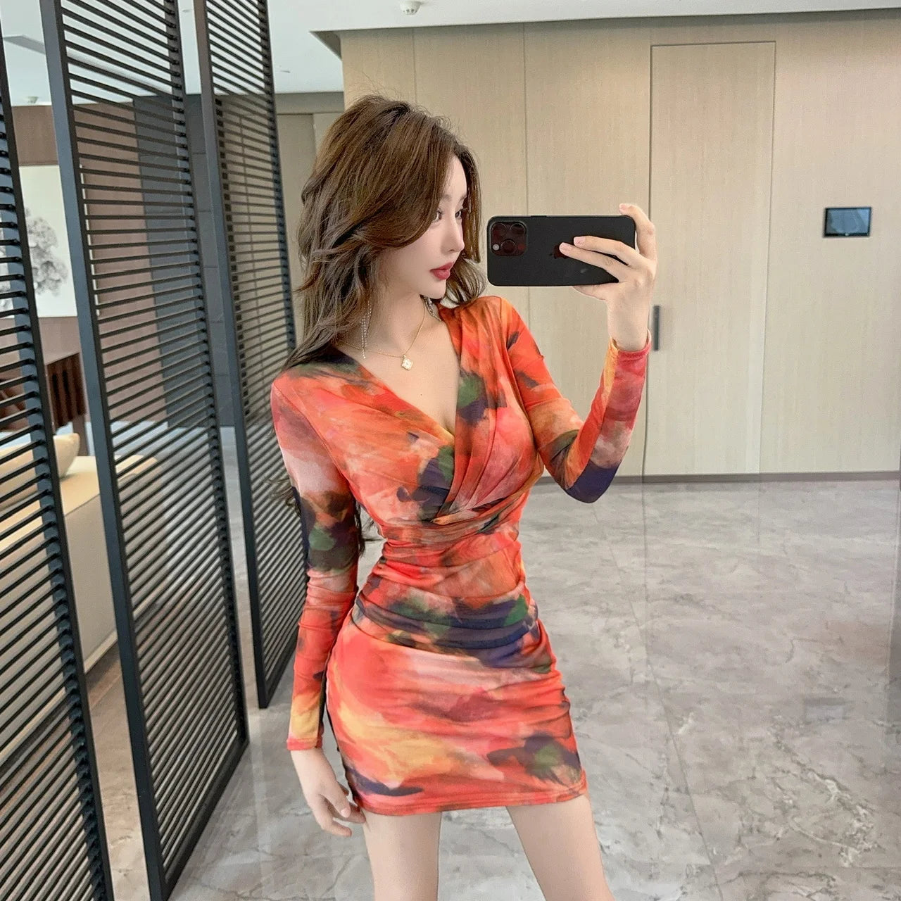 Kimotimo Fashion Mesh Printed Long Sleeve Dress Women Autumn V Neck Temperament High Waist Slim Wrapped Club Party Short Dresses