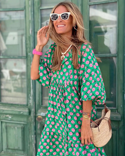 Spring Summer Loose Maxi Dresses Bohemian Floral Print Puff Sleeve V-Neck 2025 New Beach Dress Bodycon Casual Boho Vestidos Robe