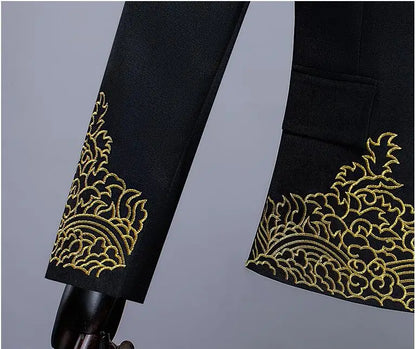 New Men Standing Collar Embroidered Suit 2 Piece Fashion Male Business Social Wedding Prom Stage Performance Dress Blazer Pant