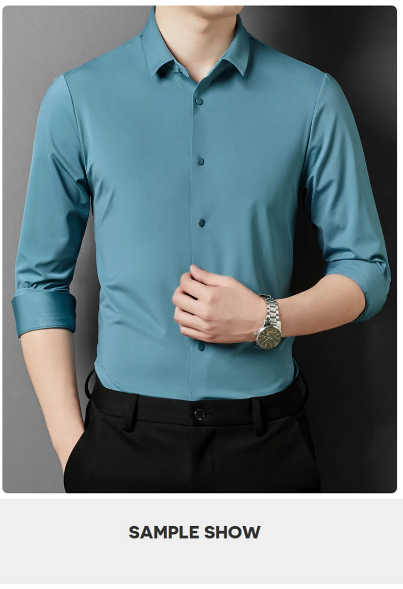 Men's High Quality Solid High Elasticity Seamless Comfortable Long Sleeve Shirts Slim Social Casual Business Formal Dress Shirt