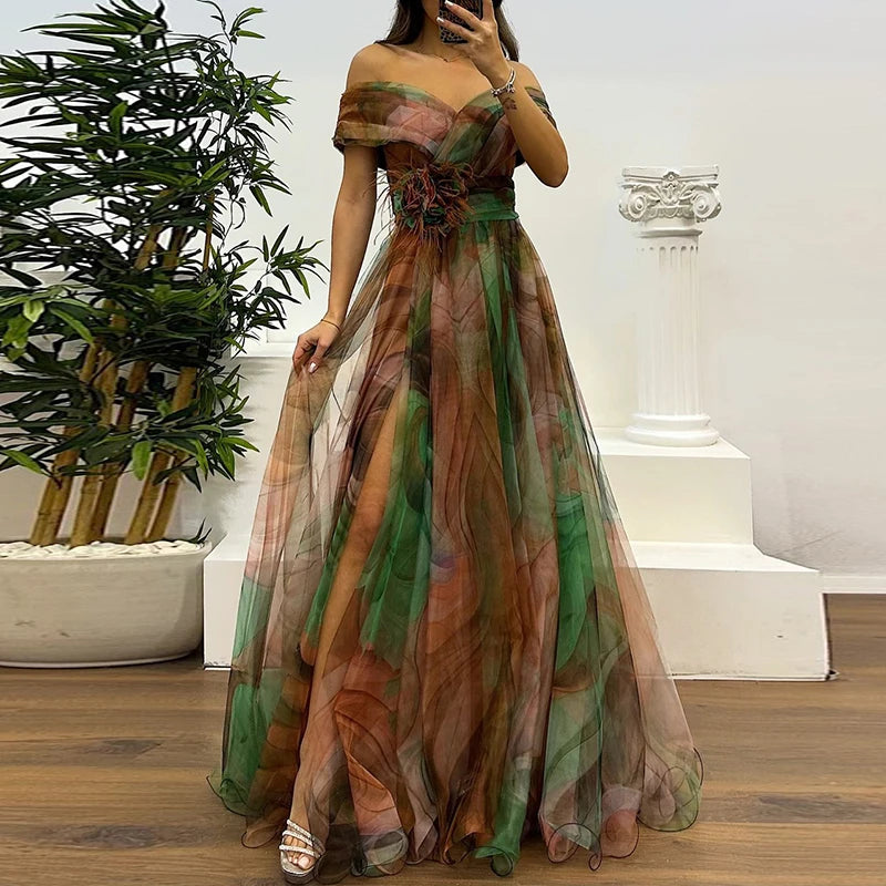 Spring Summer New Mesh Evening Dress Vintage Pattern Printed High Waisted Long Dress New One Shoulder Pleat Banquet Swing Dress