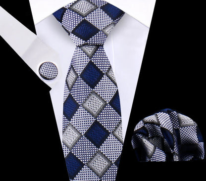 Luxury Plaid Tie For Mens Necktie Handkerchief Pocket Square Cufflinks Set Jacquard Woven Ties Wedding Business Accessories