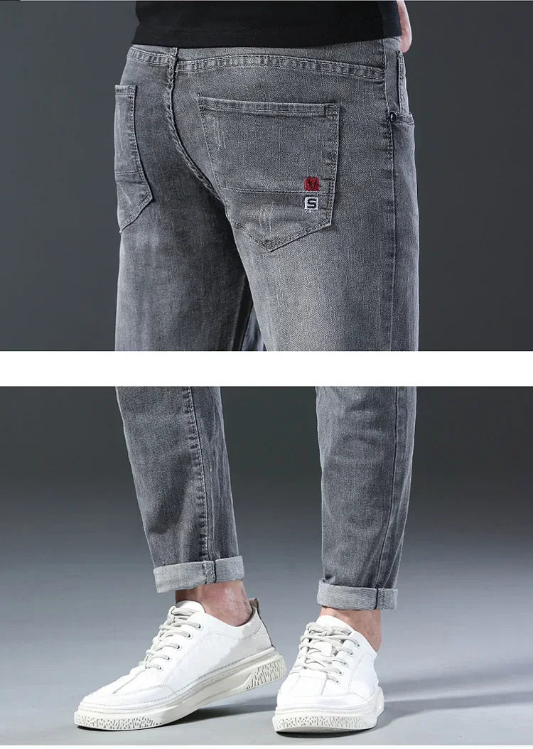 New Men's Denim Pants Slim Straight Gentleman Size 27-38 Slacks Fashion European American Style Stretch Men Luxury Jeans Grey