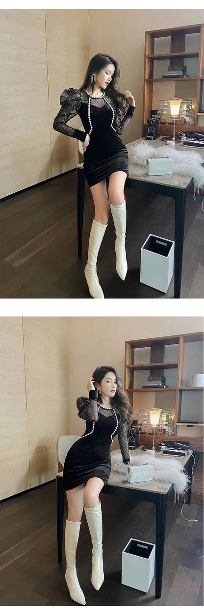 Spring Women Mini Dress French Court Retro Black Mesh Patcchwork Appliques Flower Puff Long Sleeve Bag Hip Vestidos Para Mujer