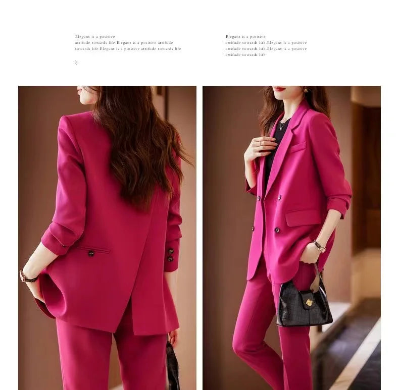 Two-Piece Suit Set in Raspberry Casual Sle for Women Long Sve Profional Pantsuit Polyester Fiber 00%