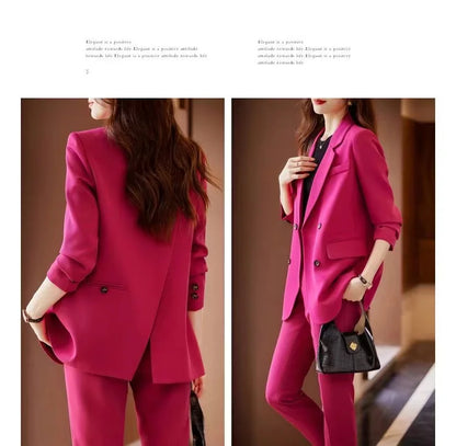 Two-Piece Suit Set in Raspberry Casual Sle for Women Long Sve Profional Pantsuit Polyester Fiber 00%
