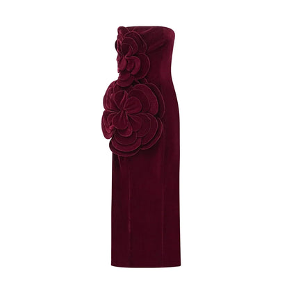Solid Slimming Fashion Dresses for Women Strapless Sleeveless Patchwork 3D Flower Elegant Dress Female Clothing New
