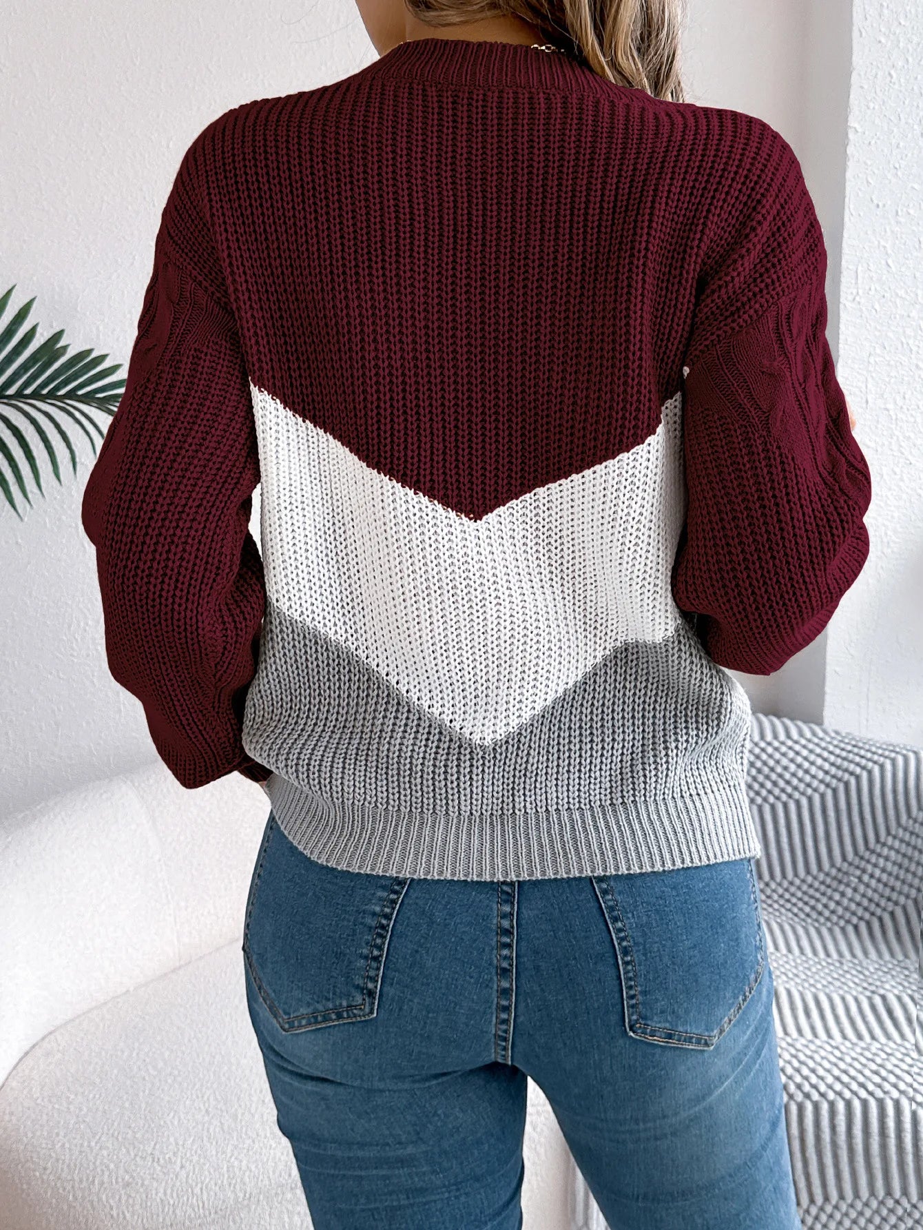 New Autumn Winter Color-blocking Lantern Sleeve Fashion Knitted Pullover Sweater Jersey Invierno Mujer Sweaters Womens Top Femme