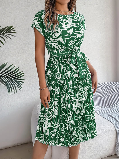 Spring Summer Elegant Flower Print Dress Short Sleeve Folded Dresses for Women Mother's Day