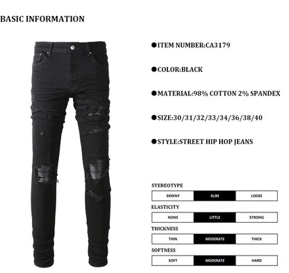 High street fashion new men's black jeans stretch slim fit retro washed leather patch jeans hip-hop brand designer pants Hombre