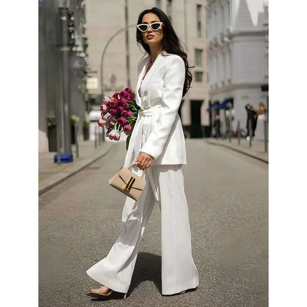 Office Ladies Solid Colour Suit Suit Women's Long Sleeve V-Neck Pleated Suit + High Waisted Wide Leg Trousers 2024 Fashion Suit