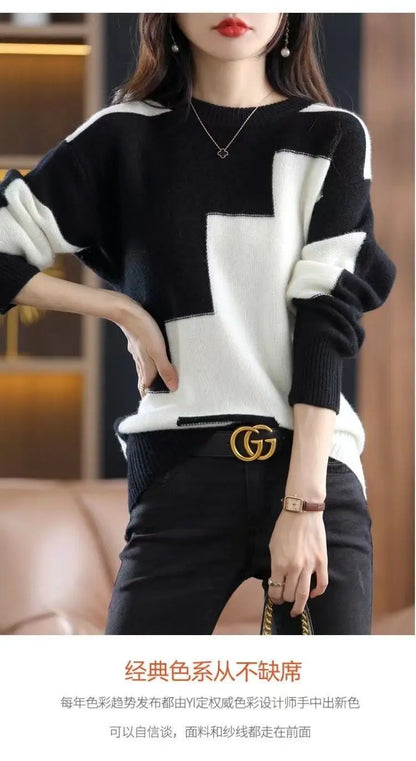 Autumn Winter Contrast Color Pullover Sweater Lady Loose Casual Fashion All-match Knitting Jumpers Ladies Oversized Bottomed Top
