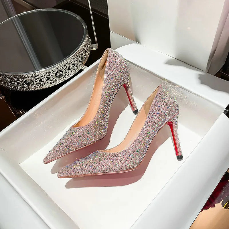 New Full Diamond Shallow Mouth Pumps Pointed Stiletto Leather Sexy Banquet All-Match Wedding Light Luxury Sandals Women'S Shoes