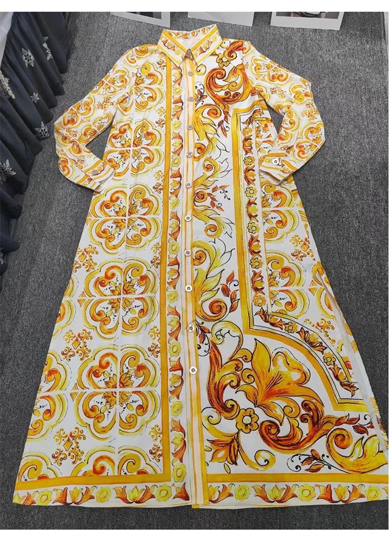 Fashion show spring and summer women's new printed casual shirt long skirt elegant single-breasted long-sleeved loose dress