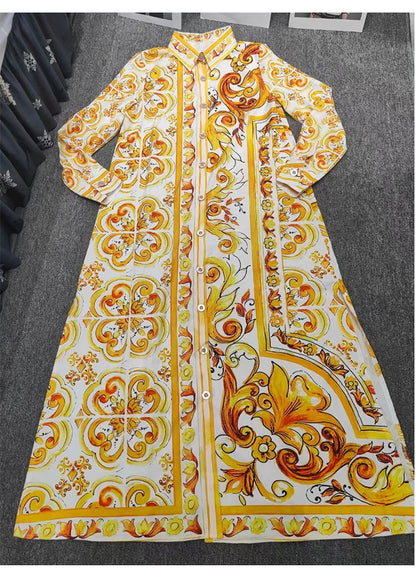 Fashion show spring and summer women's new printed casual shirt long skirt elegant single-breasted long-sleeved loose dress