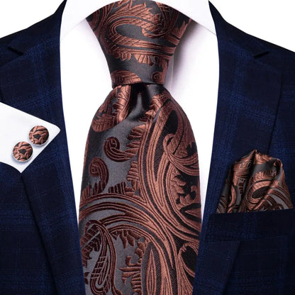 Hi-Tie Paisley Brown Tie For Men Elegant Mens Necktie Pocket Square Cufflink Groom Wedding Accessory Wholesale New Designer