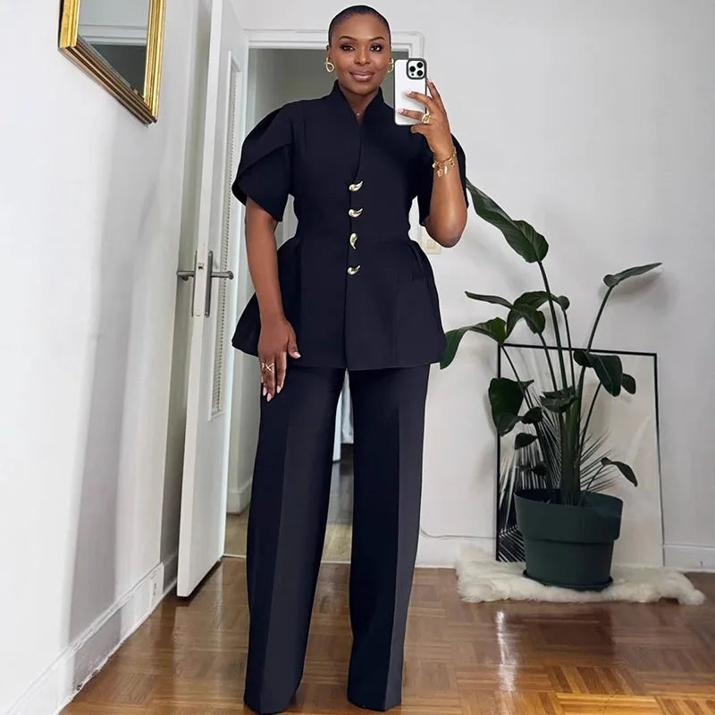 Vintage Elegant Two Piece Set Woman Matching Sets Office Lady Single-breasted Puff Sleeve Blazer Coat and Wide Leg Pant Suits