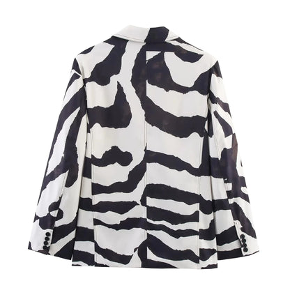 KONDALA Vintage Zebra Print Women Suits V Neck Oversized Long Blazer High Waist Wide Leg Pants Fashion 2025 Fall Streetwear Suit