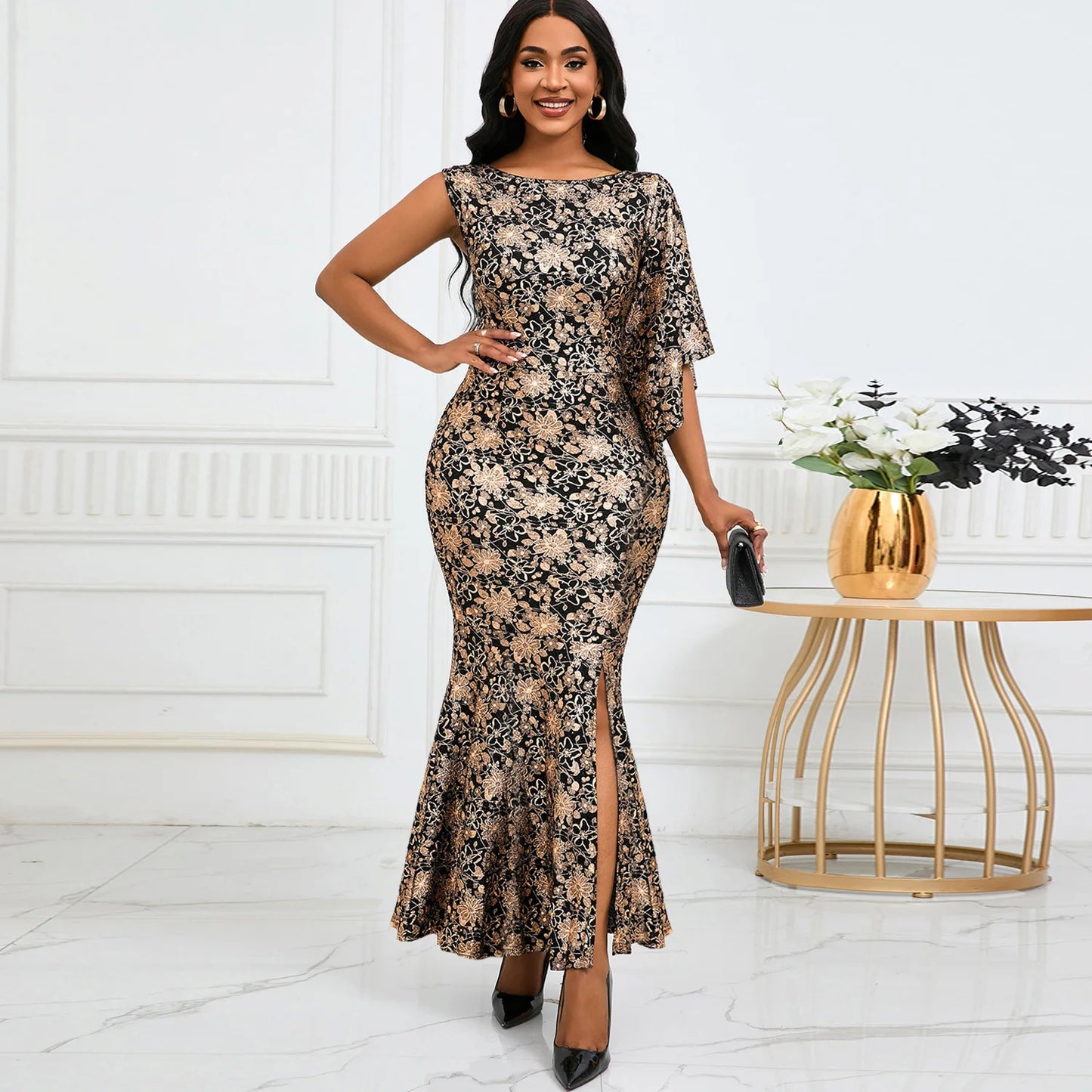 FairyShely 2024 One Shoulder Long Sleeve Plus Size Dress Sexy Women Print Large Big Dresses Lady Party Tight Curvy Sheath Dress