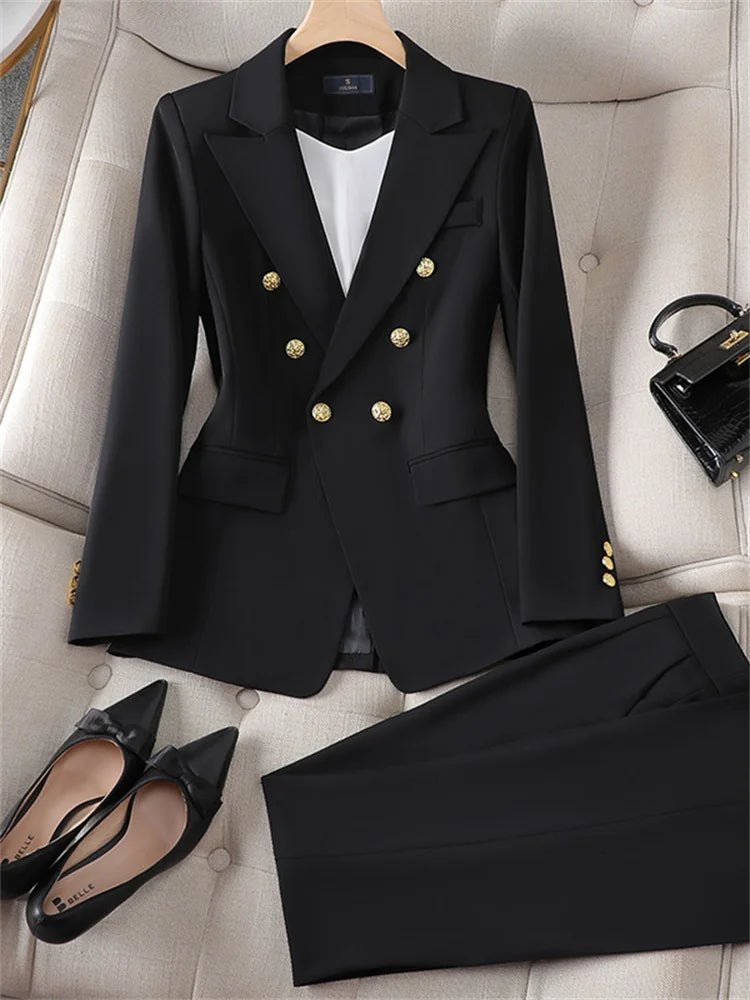 Yitimuceng Elegant Office Ladies Two Piece Sets Womens Outifits 2023 Double Breasted Long Sleeve Blazers Loose Casual Pant Suits