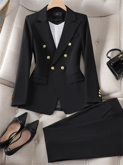 Yitimuceng Elegant Office Ladies Two Piece Sets Womens Outifits 2023 Double Breasted Long Sleeve Blazers Loose Casual Pant Suits