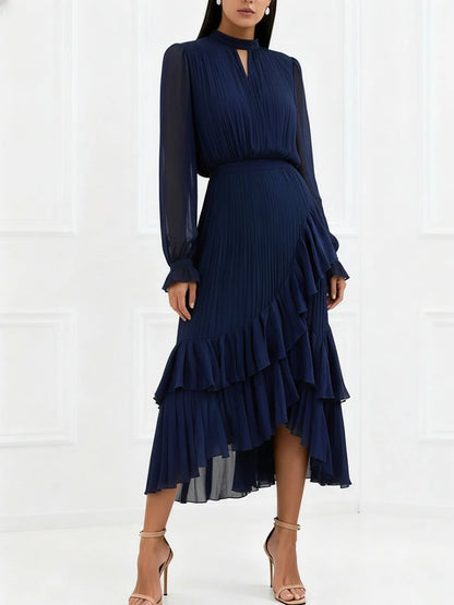 Elegant Ruffle Long Sleeve Dress for Women Chic Spring Summer Layered A Line Dress Lady Pleated Verstidos Prom Party Gowns