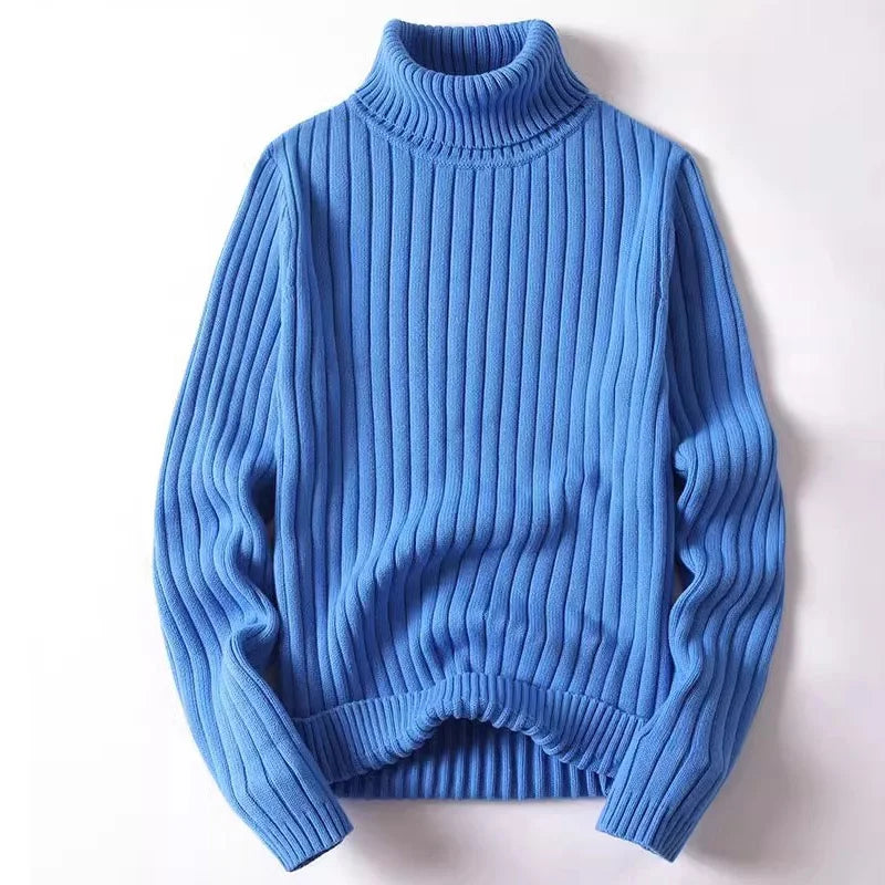 Men's Stylish Solid Thicken turndown Pullovers Thermal Winter Long Sleeve Sweater Vertical Stripes Design Knitted Sweaters Male