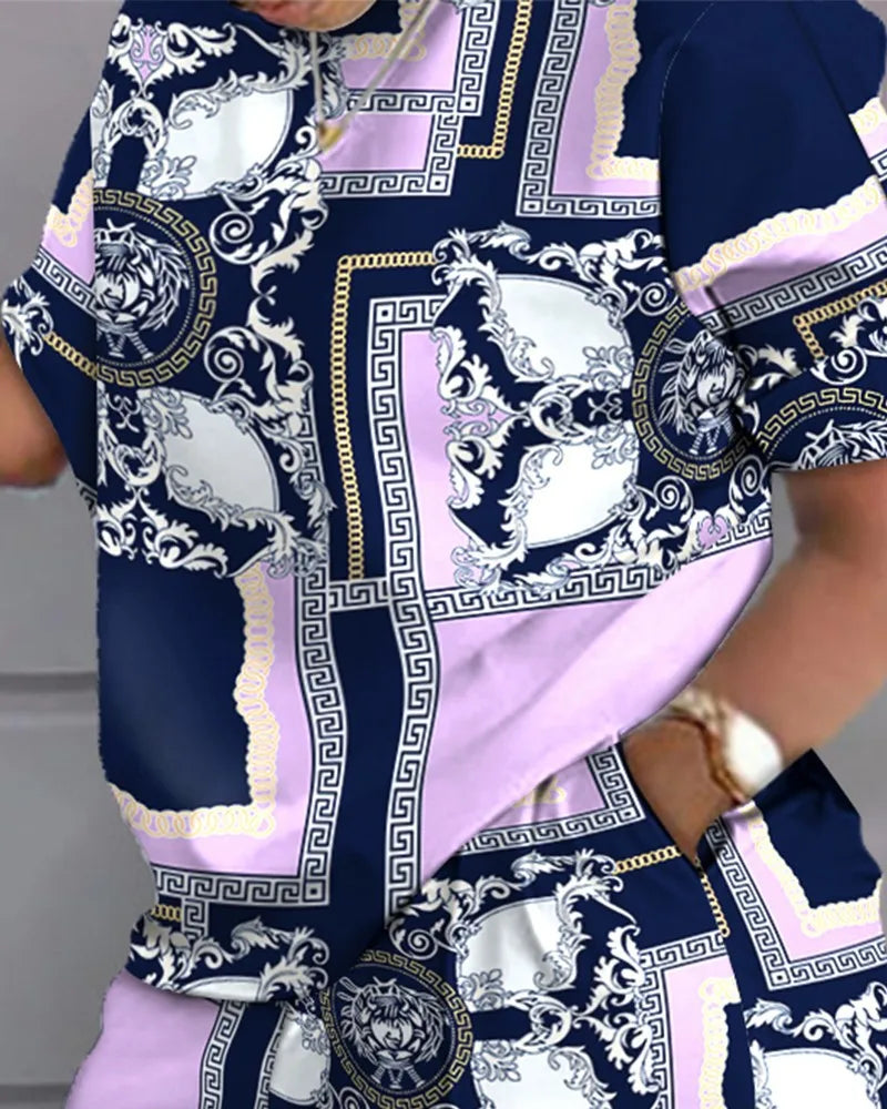Casual Loose Short Sleeve Tshirt Shorts Set Office Lady Summer Fashion O-neck Colorful Print Two Piece Set Women Outfit 2023